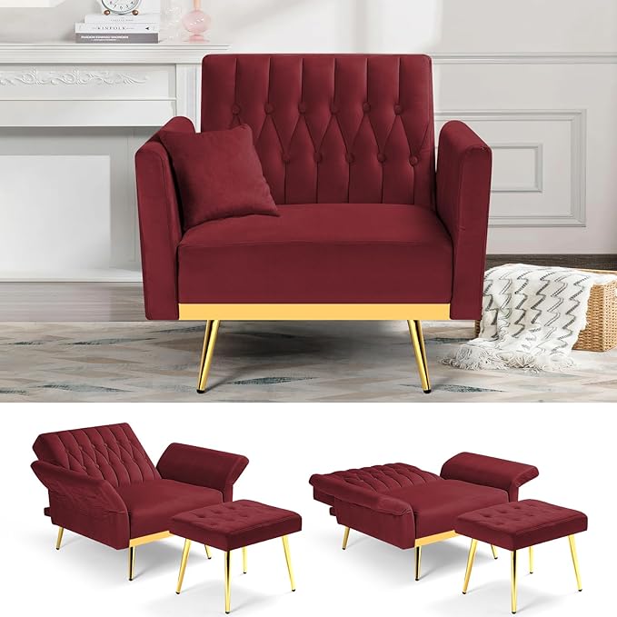 Velvet Accent Chair with Adjustable Backrest and Armrests Single Recliner Armchair with Ottoman and Golden Mental Legs for Living Room Bedroom and Waiting Room Red