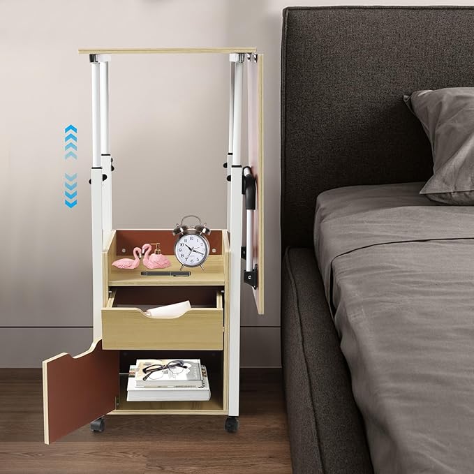 Home Office Desk with Wheels Movable Bedside Table with Plastic Drawers Height Adjustable Over Bed Desk for Laptop White for Home Office Study (Light Wood + White)
