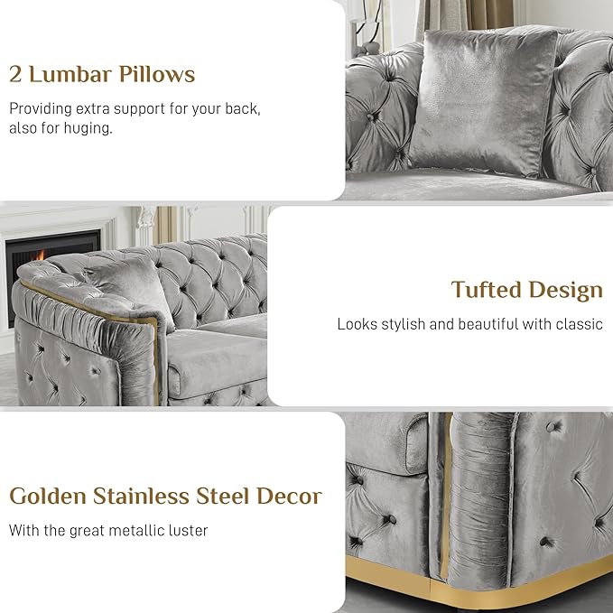 Luxury Velvet Chesterfield Sofa 62.6 Grey and Gold Sofa Mid Century Modern Loveseat Couch for Living Room Tufted Sofas with Gold Legs Rolled Arms Grey