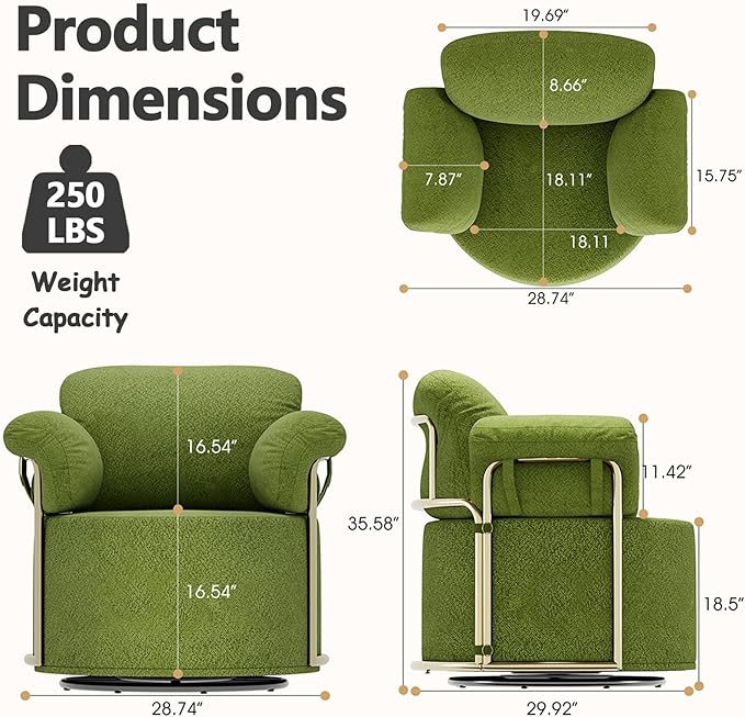 Swivel Accent Chairs for Living Room 360 Swivel Barrel Chair with Arm for Bedroom Upholstered Round Chair &amp Corner Chairs with Gold Frame for Small Spaces Chenille (Green)