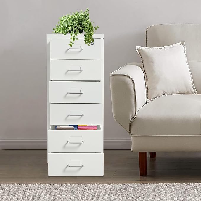 6 Drawers Mobile File Cabinet Rolling Vertical Filing Cabinet Under Desk Storage Organization 16 D x 11 W x 27 H (White)