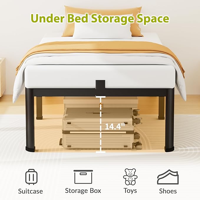 16 Inch Twin Size Metal Platform Bed Frame with Round Corners Storage Space Under High Bed Frame-Heavy Duty Steel Slats Support Noise Free - Easy Assembly - No Box Spring Needed