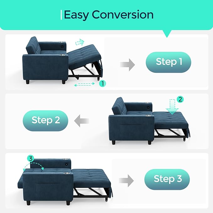 LINSY Sleeper Sofa Bed 54 Pull Out Couch with Charging Station &amp Cup Holder Small 3 in 1 Convertible Loveseat Sleeper Couch for Apartment Dorm Room Bedroom and Small Space Corduroy Blue