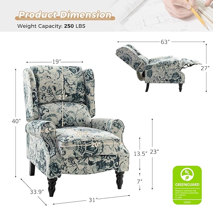 HULALA HOME Upholstered Wingback Recliner Chair Small Adjustable Footrest Push Back Single Reclining Sofa Mid Century Modern Lounge Armchair for Living Room Bedroom Reading/Floral