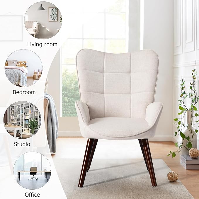 FurnitureR Tufted Wingback Accent Chair for Bedroom/Lounge Leisure Armchairs High Back Ergonomic Fabric Upholstered Living Room Chair Comfortable Stylish with Solid Wood Legs Beige/Walnut