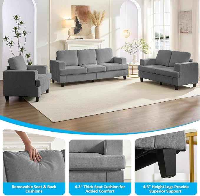 PUREMIND 3 Piece Living Room Sofa Set Chenille Upholstery 3 Seater Couch and Loveseat and Armchair Set Solid Wood Frame Modern Sectional Couches for Living Room Office Apartment
