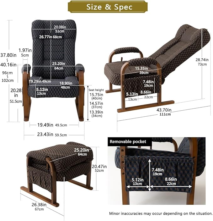 EMOOR Tatami Chair Japanese-Style Chair RYOKAN (Navy) Wooden Armrest &amp Sled Base Recliner Hight-Adjustable Upholstered Single Futon Sofa