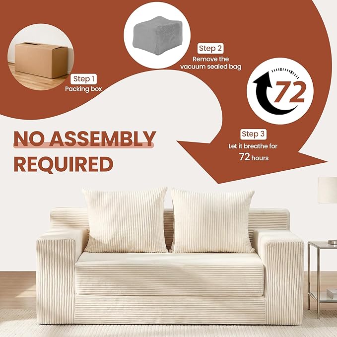 Convertible Sofa Bed 5 In 1 Small Boneless Couch Pull Out Loveseat Sleeper SofaCorduroy Futon Couch Folding Mattress with 4 Pillows for Living Room Bedroom Lounge (No Assembly) (Beige 58Inch)