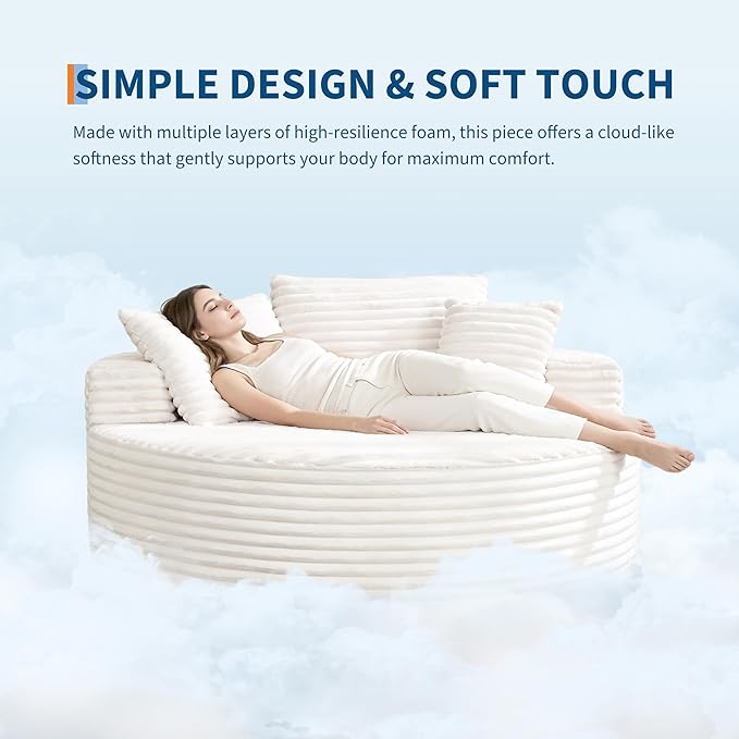 Garvee 55 Round Oversized Chaise Longue Chair Indoor Corduroy Upholstered Boneless Cloud Couch Deep Seat Sleeper Floor Sofa Chair for Living Room Bedroom Apartment White