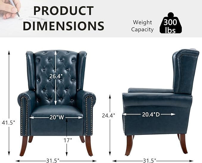MOJAY Modern PU Leather Accent Chair Living Room Lounge Sofa Chair with Buttons Single Club Armchair with Rivet Trim for Bedroom Home Reception (DarkBlue)