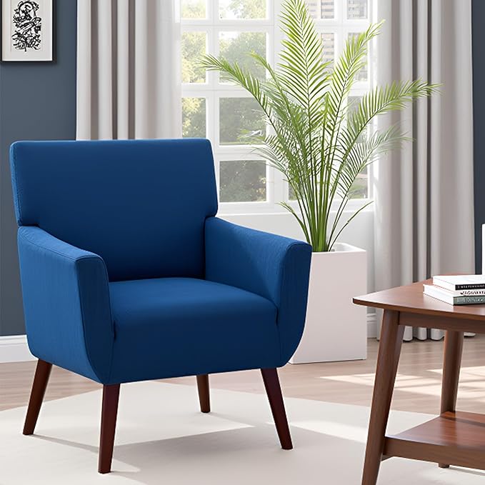 Upholstered Accent ChairMid Century Modern Office Fabric Small Living Room Chair with ArmComfy Wingback Armchair for Bedroom Reading Dark Blue