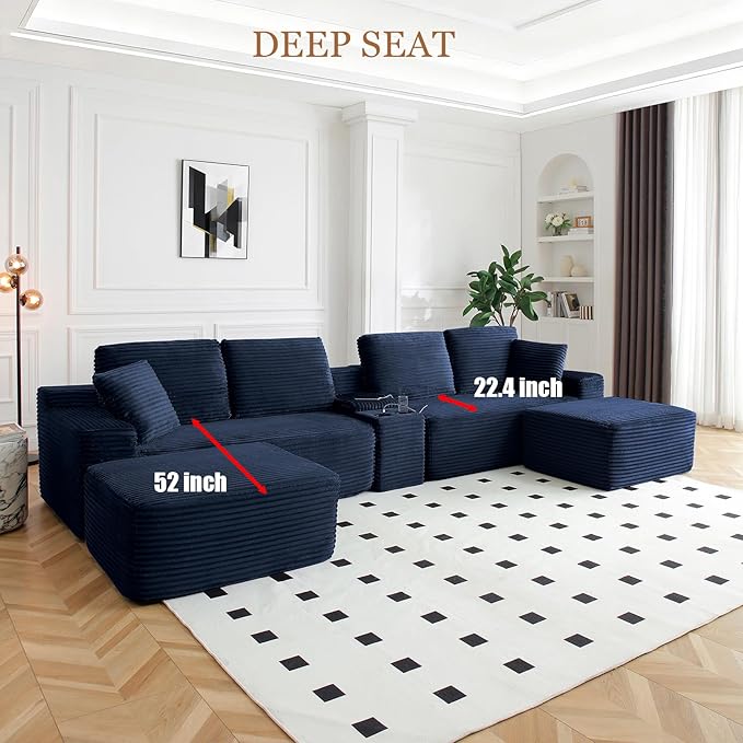 125 U-Shaped Sectional Couch Oversized Modular Sectional Sofa with USB Port &amp Storge Console Modern Corduroy Boneless Cloud Couch for Living Room No Assembly RequiredBlue