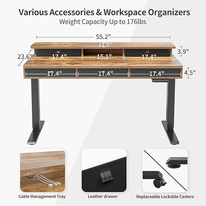 FEZIBO Height Adjustable Electric Standing Desk with 5 Drawers 55 x 24 Inch Table with Storage Shelf Sit Stand Desk Black Frame/Rustic Brown Top 55 inch