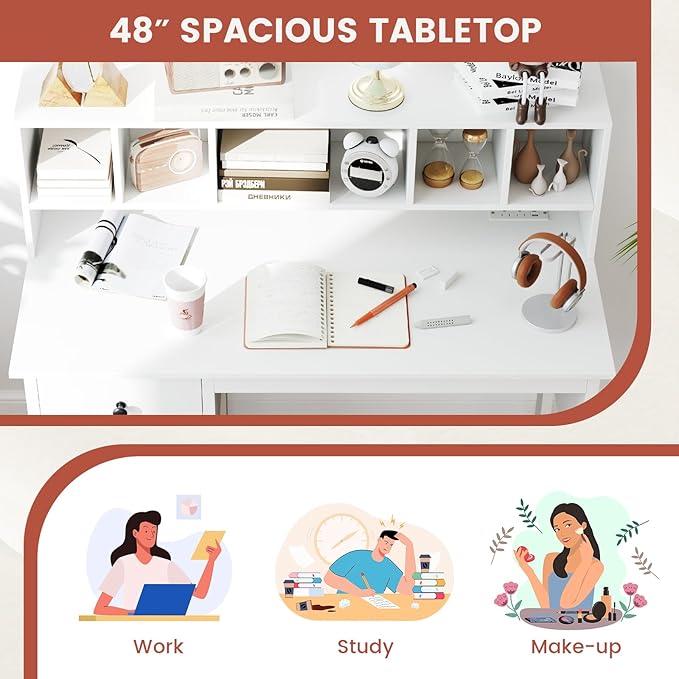 Tangkula White Desk with Drawers &amp Hutch Modern Home Office Desk Writing Study Desk with Charging Station Laptop Desk with 5 Storage Compartments Computer Workstation Makeup Vanity Desk