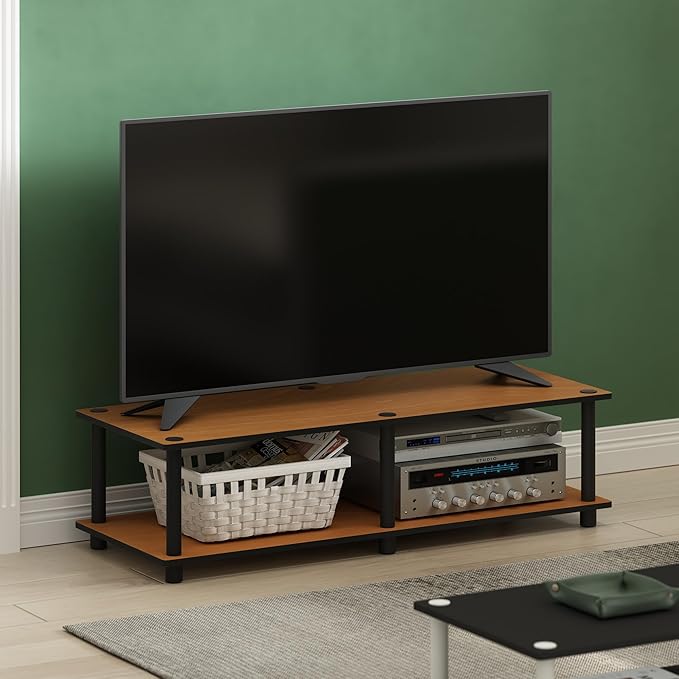 Furinno JUST TV Stand 2-Tier Wide Entertainment Center with Open Shelf No Tools TV Console for TV up to 46 Inch with Tubes for Living Room Bedroom Light Cherry