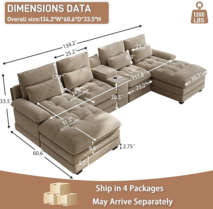 134U Shaped Sectional Couches for Living RoomOversized Modular Sectional Fluffy Couch with Chaise Lounge &amp Tufted ButtonsModern Chenille 6 Seat Living Room Sofa Set with Storage ConsoleCamel