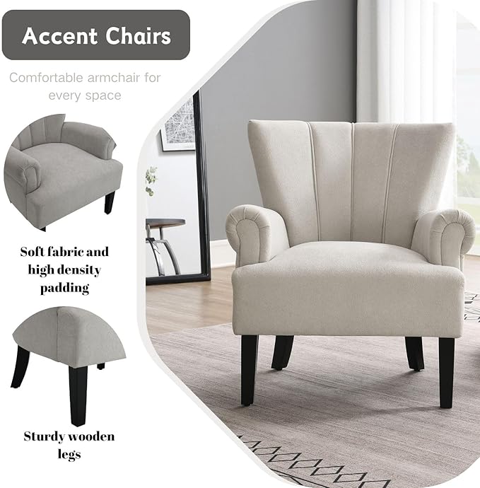 Modern Accent Living Room ChairsPolyester Armchair Club Chair with Channel Back Accent Chair for Living Room Bedroom Reading Room Soft Fabric Wooden Leg (Light Grey)
