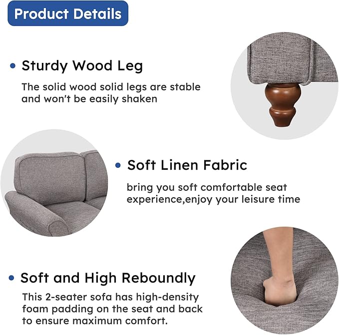 EBELLO Modern Linen Fabric Loveseat Sofa Upholstered 2-seat Sofa Couch Wood Frame and Sturdy Legs for Living Room Bedroom Office Grey