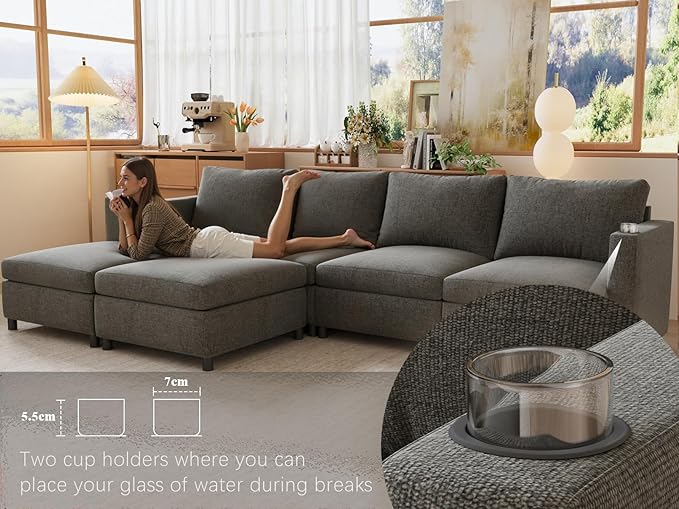 123 Modular Sectional Sofa Couch Convertible U Shaped Sectional Couches with Storage Ottoman 6 Seat Modern Sofa Set for Living Room and Office Grey