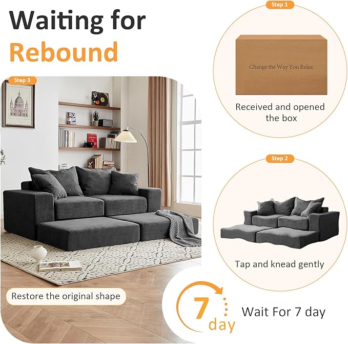 Modular Sectional Loveaeat Cloud Sofa Boneless Couch with Non Slip Base Cozy Sleeper Sofa for Customizable Living Spaces Modern Modular Couch with L-Shape Chaise Deep Seat &amp No Assembly Grey