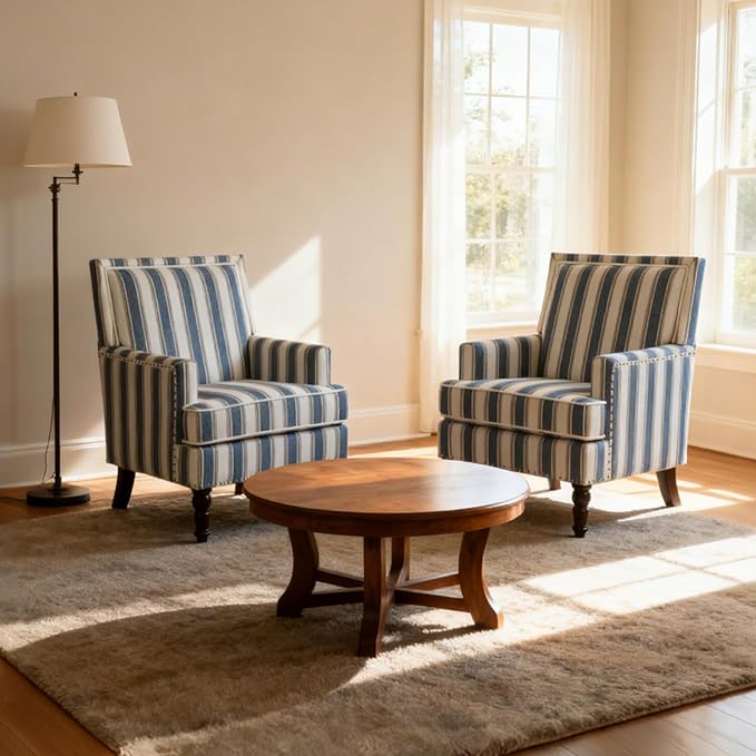 Blue Striped Accent Chair for Living Room Bedroom - Comfy Cotton Linen Reading Chair Coastal Nautical Armchair with Solid Wood Legs Easy Assembly (Striped Blue)