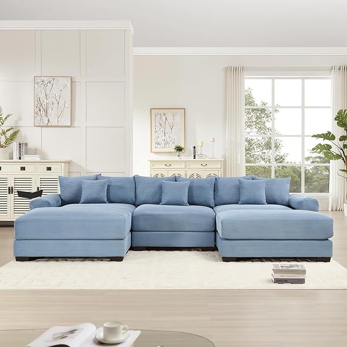 130.4 Oversized Modular Sectional Sofa Corduroy Large Sectional Couches for Living Room 3 Seater Couches with 2 Movable Ottomans Modern Deep Seat Sofa Set U Shaped Blue