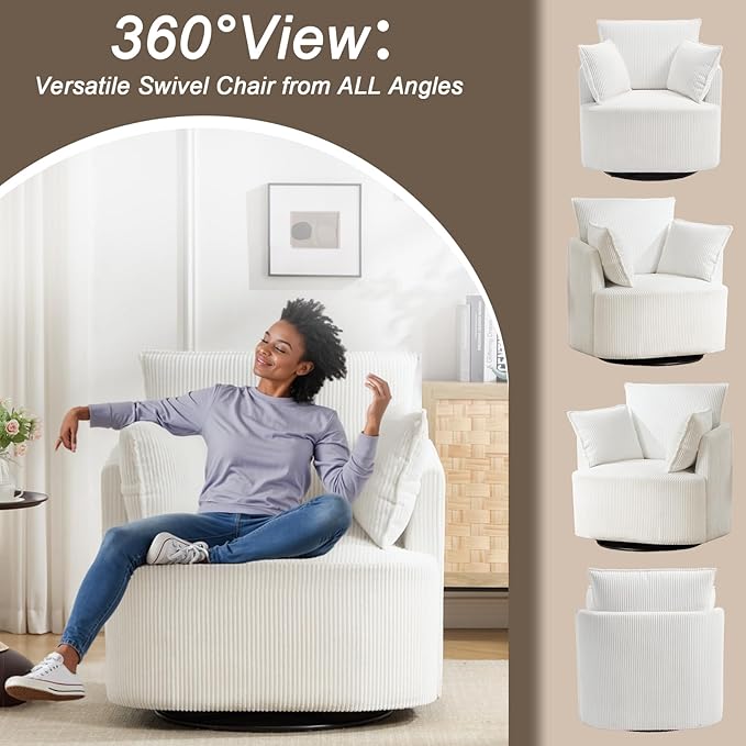 Swivel accent chairSwivel barrel chairReclining armchairs for bedrooms Swivel chairUpholstered Living Room Chair Corduroy Reading Chair Single Sofa Chair for Apartment Office(Modern White)
