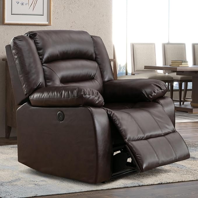 EBELLO Faux Leather Power Recliner Chair Oversized Electric Overstuffed Reclining Chair with Thick Cushion and Back Single Sofa with Comfortable Armrest USB Charge Port Brown (Recliner)