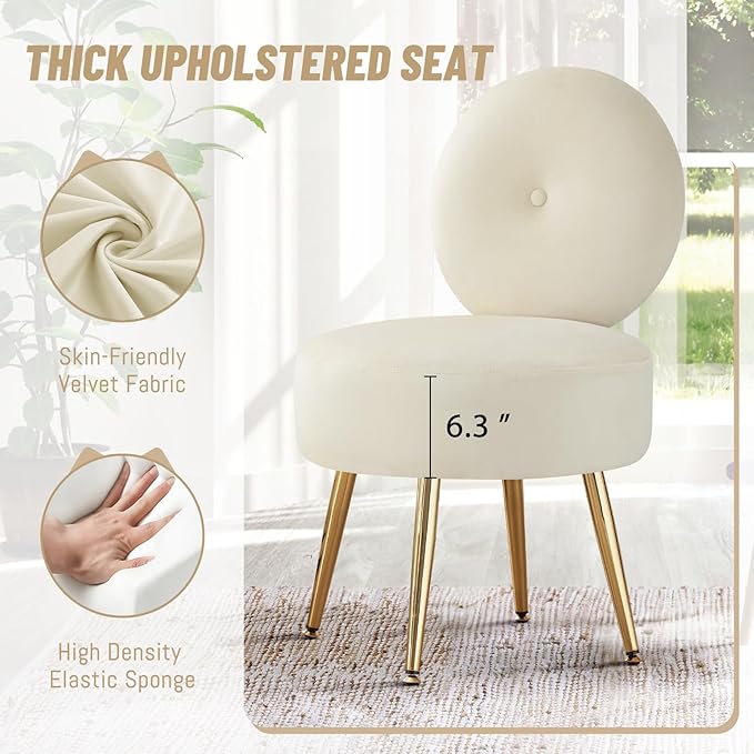 Furniliving Armless Vanity Chair for Makeup Room Velvet Vanity Stool with Back Living Room Chair with Solid Metal Legs for Bedroom Study Room Vanity(Khaki)