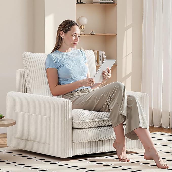 Cozy Swivel Accent Chair Modern Oversized Single Sofa with Armrest Comfy Upholstered Armchair Sofa Large Corduroy Accent Chair for Living Room Bedroom Reading Room Cream Beige