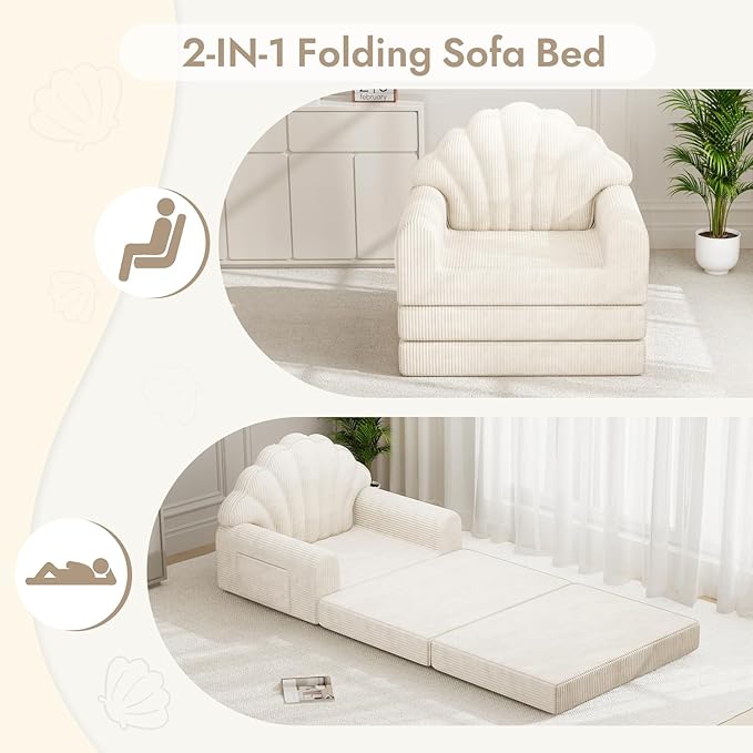 2-in-1 Folding Sofa Bed with Back Support 75 D x 34 W Convertible Futon Sleeper Chair for Adult Fold Out Bean Bag Floor Foam Lounger Couch for Living Room Bedroom Small Space Beige