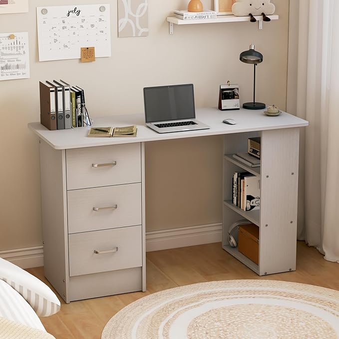 Computer Desk with DrawersStanding Desk with Storage RacksWriting Desk for Home Office or Bedroom (White)