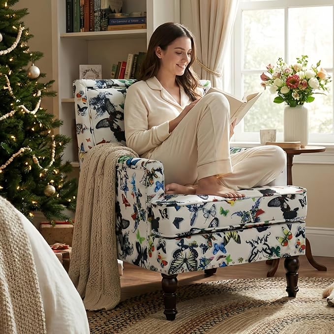 Butterfly Accent Chair Floral Print Armchair for Living Room Bedroom Cute Upholstered Reading Chair for Small Space Cotton Fabric with Solid Rubberwood Legs（Butterfly）