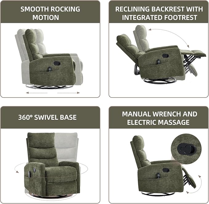 PELUMY 360° Swivel Rocker Recliner with Heat &amp Vibration Massage Glider Rocking Chair for Adults Compact Recliner for Living Room Small Spaces Nursery Bedroom (Chenille Green)