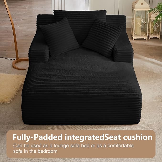 49.2 Oversized Chaise Lounge Chair IndoorCorduroy Boneless Reading Chair with 3 PillowsDeep Seat Cloud Sofa BedComfy Modern Sleeper Chairs in Box for Living Room BedroomNo Assembly(Black)