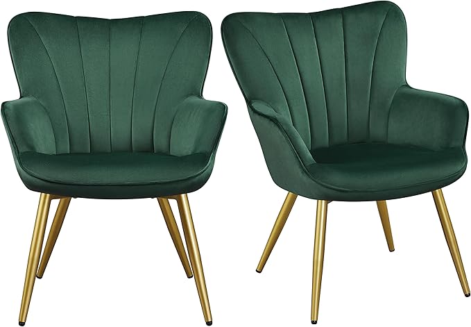 Topeakmart Velvet Accent Chair Modern and Mid Century Barrel Chair Makeup Chair with Soft Padded and High Back for Living Room Bedroom Dressing Room Home Office Set of 2 Green