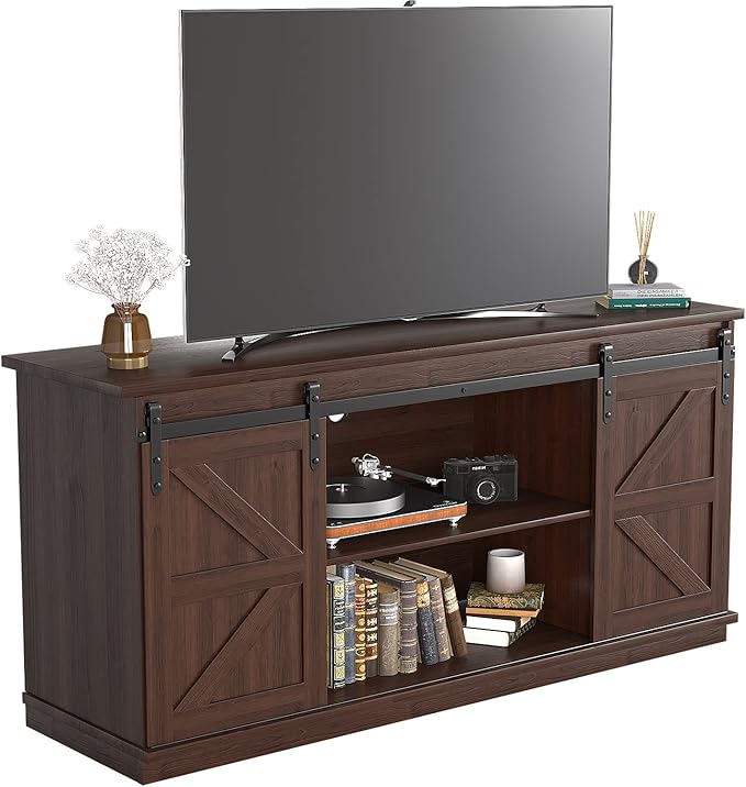 JUMMICO TV Stand for 65 Inch TV Entertainment Center with Storage Cabinets and Sliding Barn Doors Mid Century Modern Media TV Console Table for Living Room Bedroom (Brown)