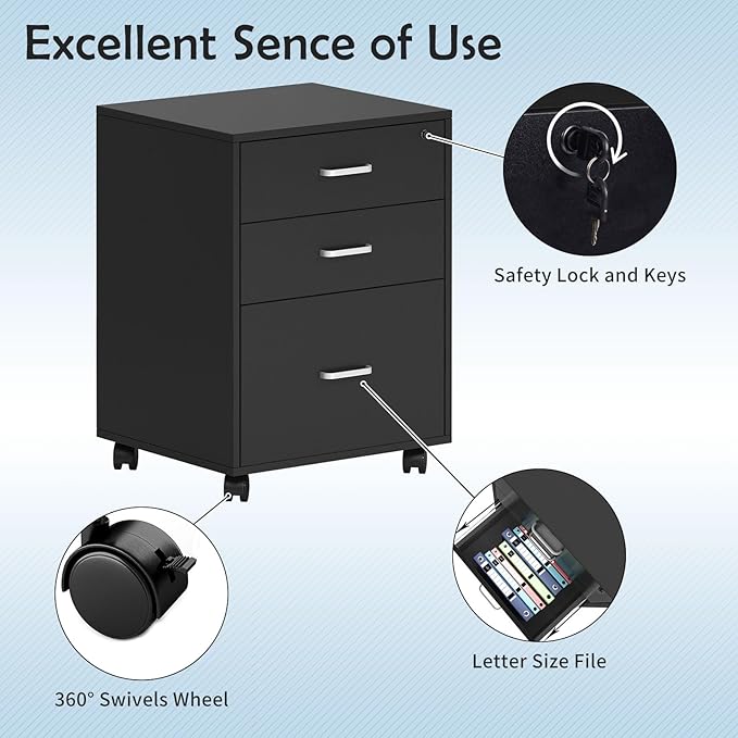Need 3 Drawer Wood Mobile File Cabinet with LockRolling Filing Cabinet for Letter/A4 Size for Home Office Black