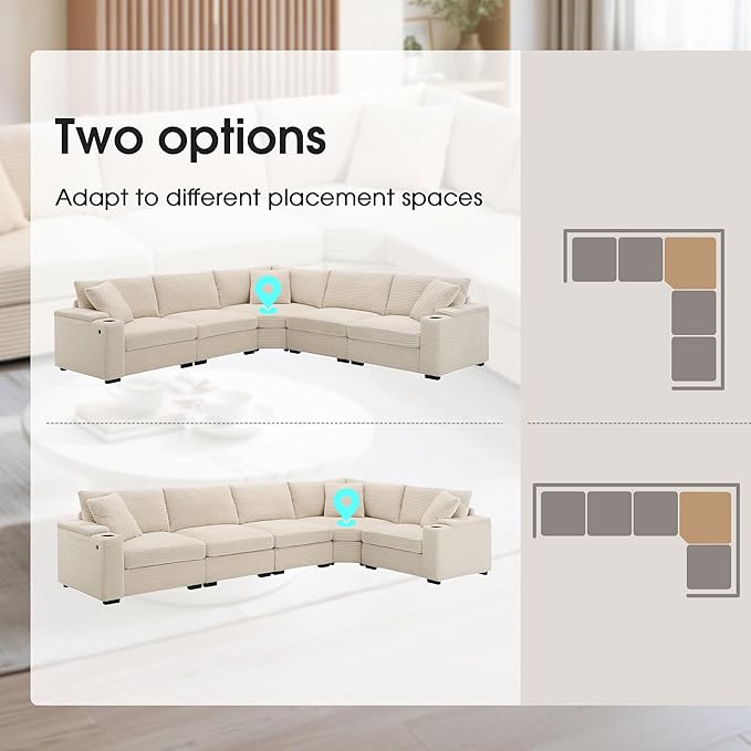 Merax 106 Corduroy Sectional Corner Sofa with Cup Holders &amp USB Charger 5 Seat Convertible L Shaped Couch Set with Armrest Storage Oversized Comfy Modular Sofabed for Living Room &amp Apartmen