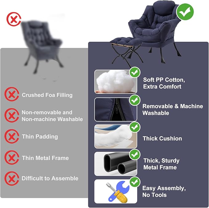Lazy Chair with Ottoman Modern Accent Chairs with Folding Footrest Navy Blue Sofa Chair Set Comfortable Reading Chairs Oversized Armchairs for Bedroom Study Living Room Courtyard