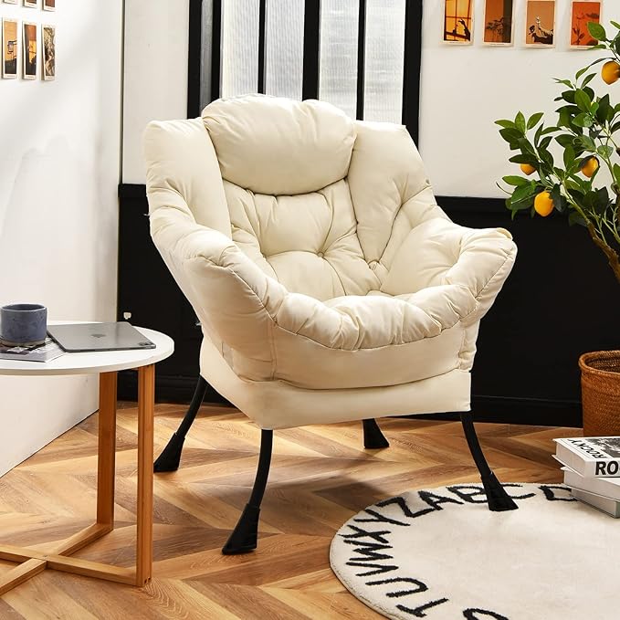 GORELAX Modern Lazy ChairUpholstered Lounge Accent Chair Single Leisure Sofa Chair with Armrests &amp Side Pocket Comfy Reading Chair for Bedroom Living Room Dorm Room (Beige)