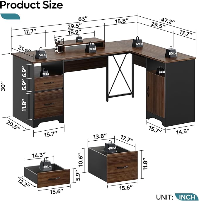 Bestier L Shaped Desk with File Drawers 63 x 47 Office Computer Desk with Storage Cabinet Corner Desk with Monitor Stand &amp Modesty Panel for Home Office Cherry