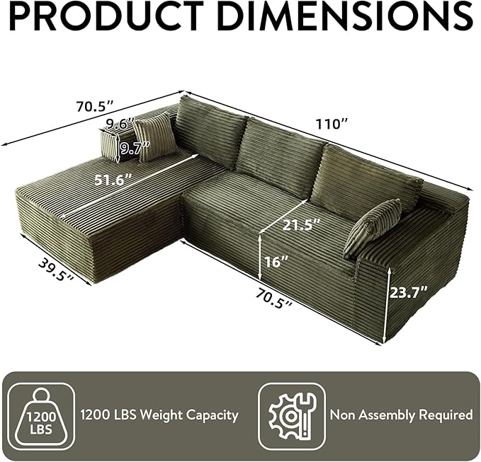 110 Modular Sectional Sofa Cloud Sectional Couch with L-Shape Chaise Modern Modular Couches with Deep Seat Corduroy Sponge Compressed Sofa for Living Room No Assembly Required (Green)