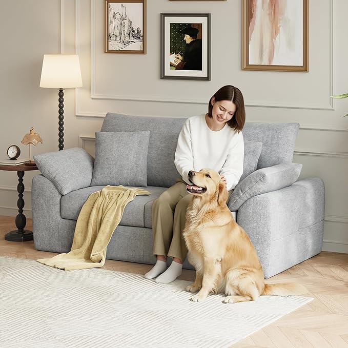 76 Boneless Loveseat Sofa Cloud Foam Couch 3 Seater Upholstered Midcentury Mondern Love Seat Wide Armrest and 4 Pillows for Home Living Room/Small Spaces No Assembly Required Grey