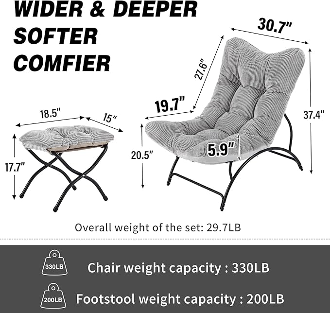Welnow Modern Accent Chair with Ottoman Upholstered Comfy Lounge Recliner Sofa Thick Cushion Oversized Lazy Reading Chair with Footrest for Living Room Bedroom Apartment Office Dorm Light Grey