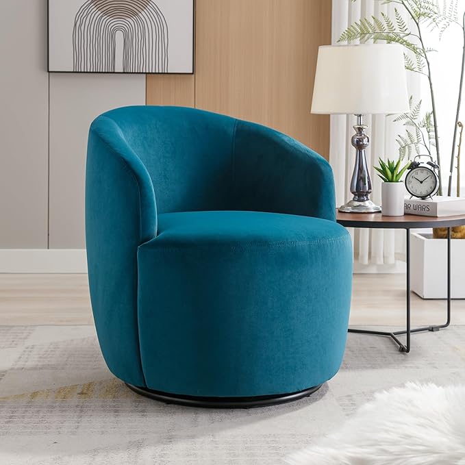 Swivel Barrel Accent Chair Velvet 360° Swivel Chair Small Leisure Chair Single Sofa Chair with Metal Swivel Base for Living Room Hotel Bedroom Office Coffee Shop (Teal + Velvet)
