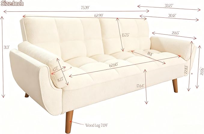 Convertible Futon Sofa Bed Modern Futon Couch with 2 Pillows Small Futons Couch with Adjustable Armrest &amp Backrest Loveseat Sofa Bed for Living Room Bedroom Beige