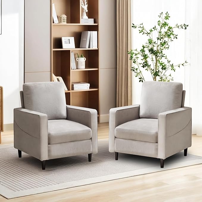 Mid Century Accent ChairModern Linen Fabric Armchair for Living RoomDouble Side Pockets Comfortable and Padded Reading Feature Sofa Chair Suitable for bedrooms Living Rooms and Offices1 Pcs