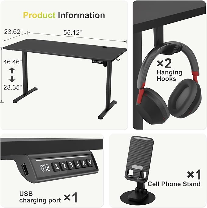 Furmax Electric Standing Desk 55 x 24 Inches Sit Stand up Desk Sit Stand Height Adjustable Home Office Desk with 4 Height Position Memory - with Splice Board (Black 55)