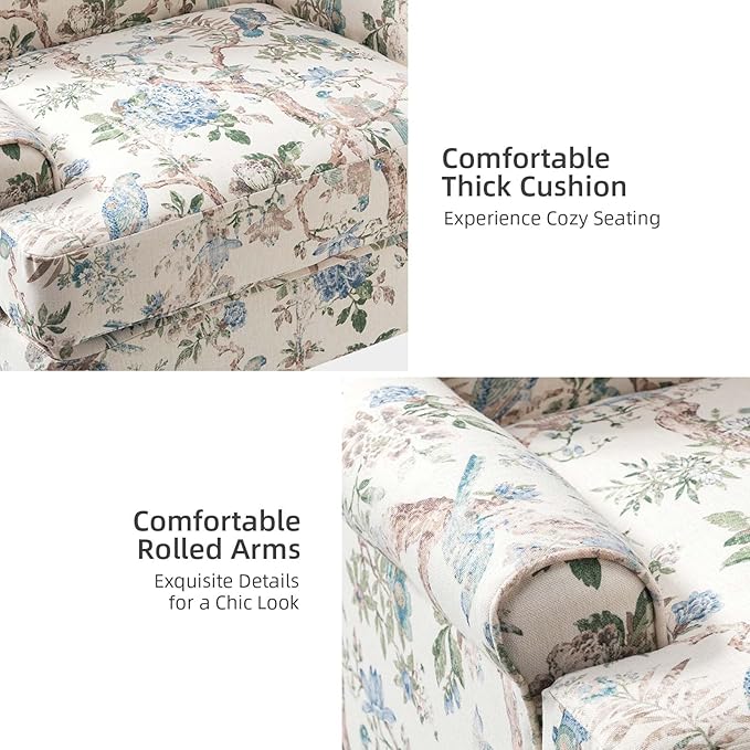 HULALA HOME Accent Chair with Solid Legs &amp Removable Cushion Blue Floral Comfy Upholstered Armchair Leisure Single Sofa Chair for Living Room Bedroom